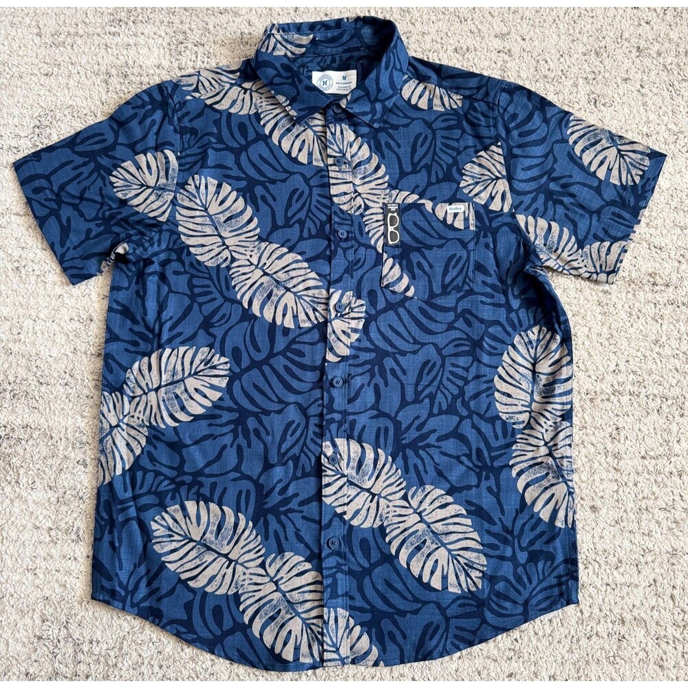 Hurley Men’s M Stretch Fit Tropical Leaf Button Up Shirt Blue NWOT
